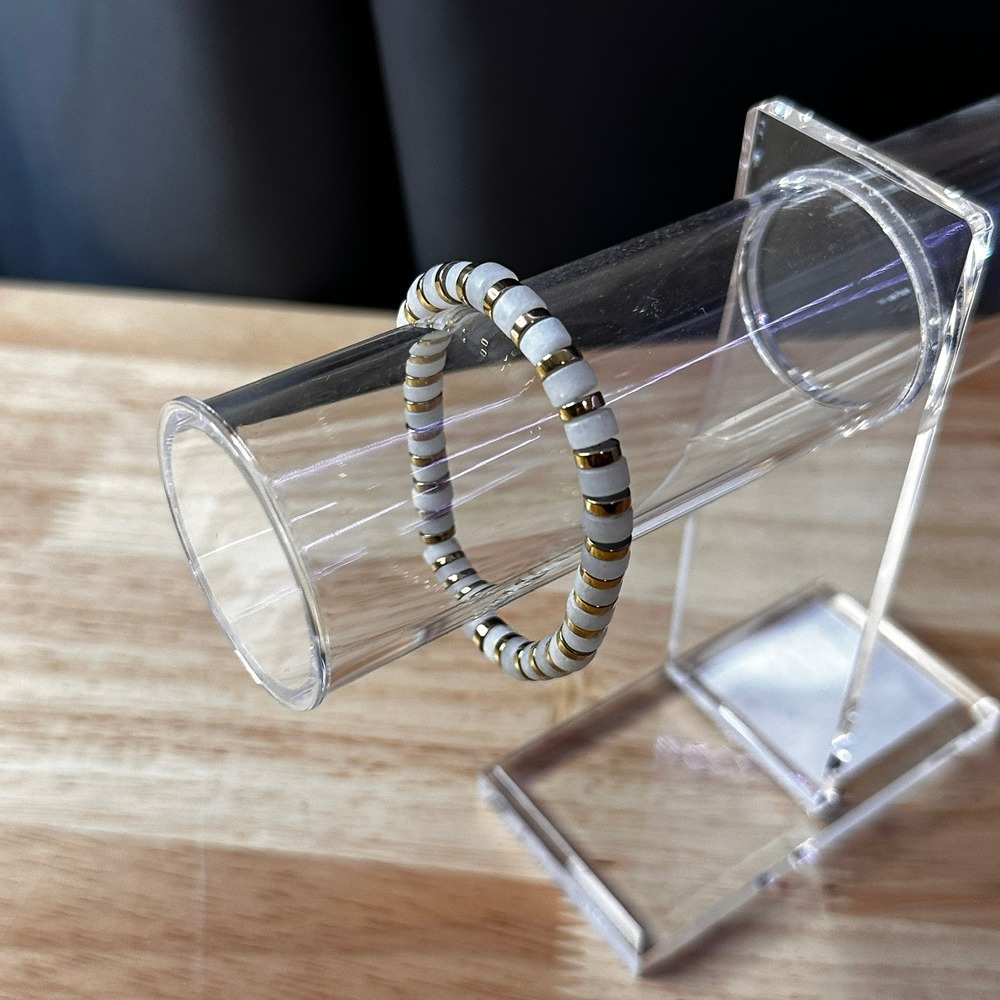 White and Gold Tone Cylinder Bead Stretch Stackable Bracelet Minimalist Modern